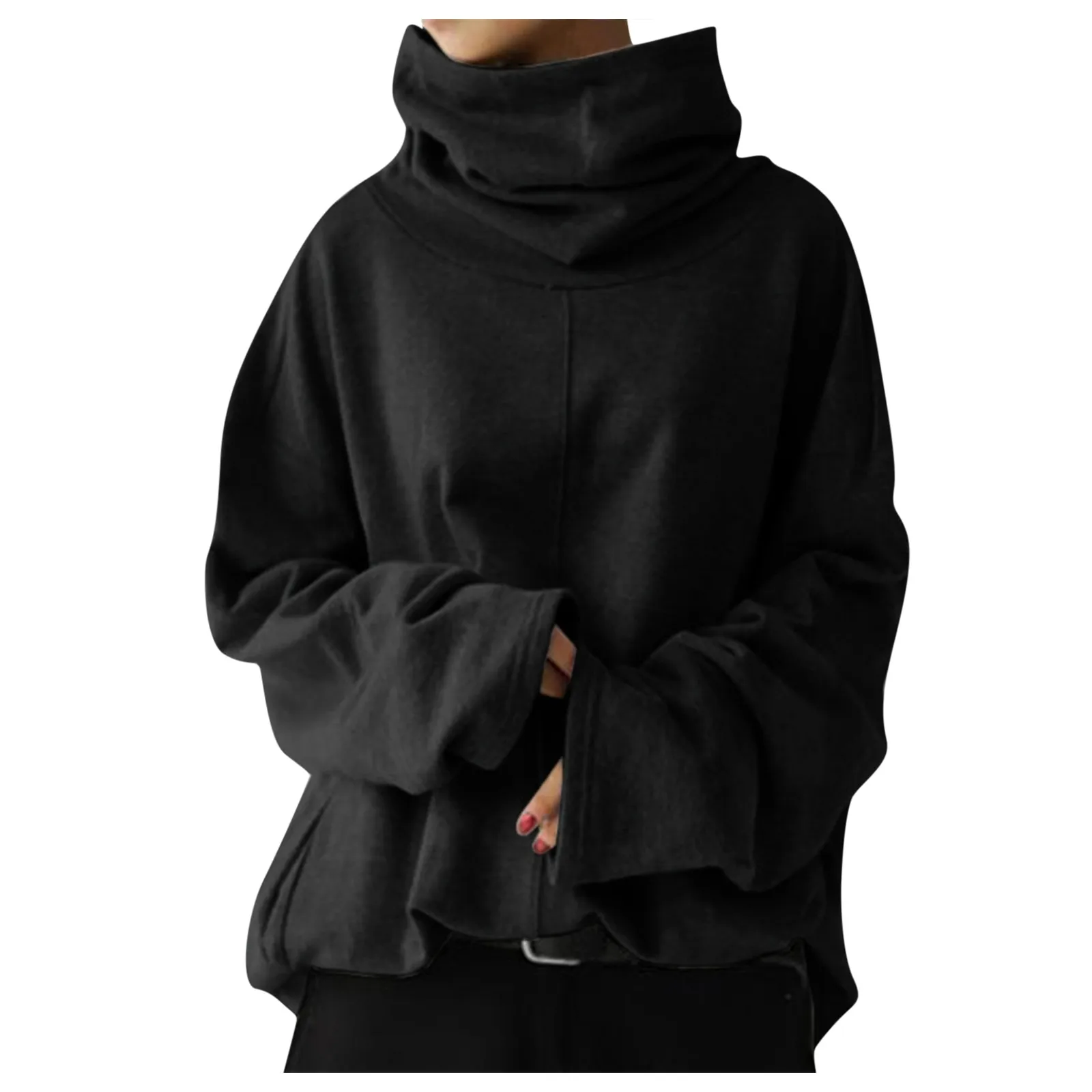 2024 Women Sweatshirt Black Turtleneck Long Sleeve Pockets Loose Hoodies Female New Autumn Trendy Casual Sweatshirt Pocket Top