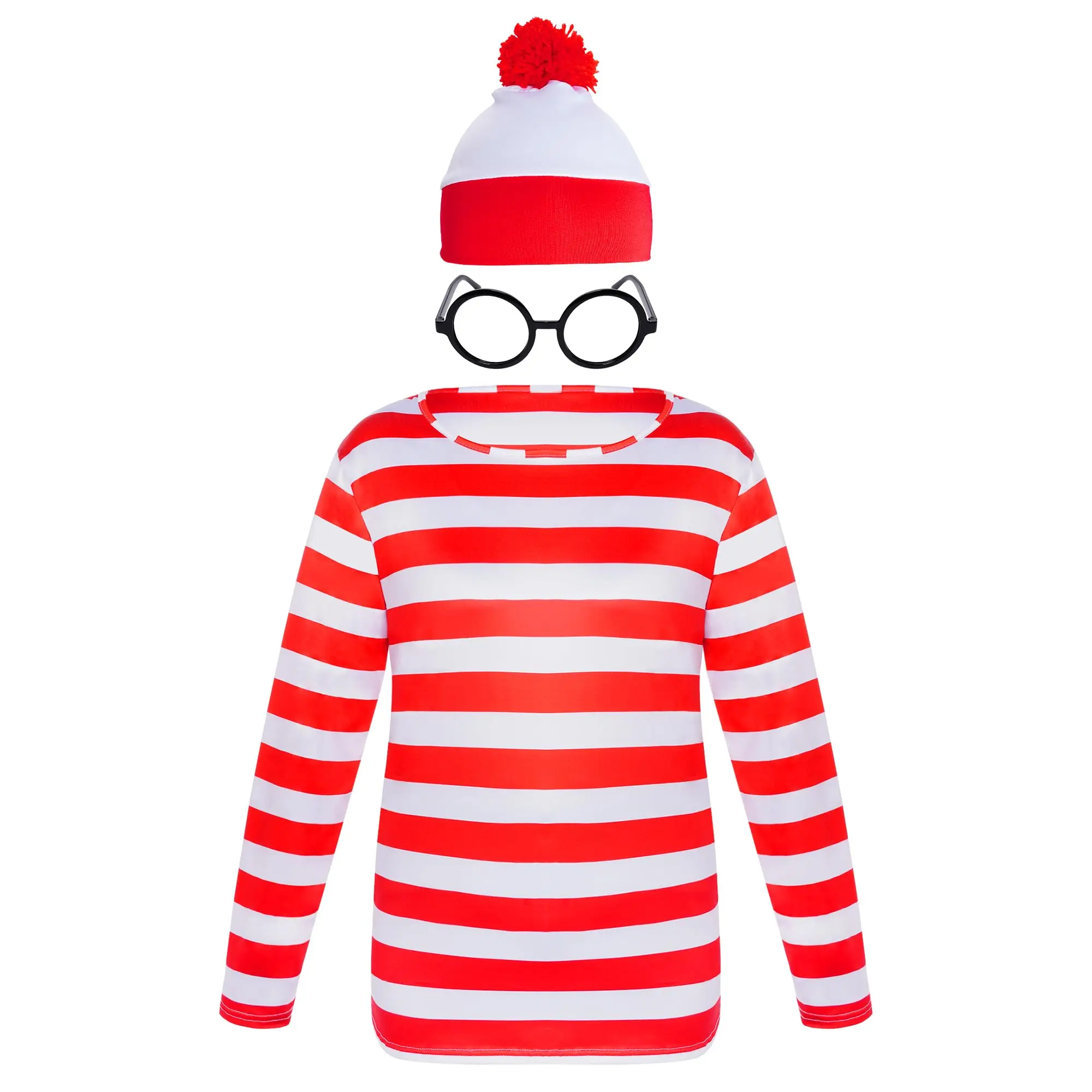 Wheres Waldo 줄무늬 셔츠, 소년, 월리 코스튬 셔츠, 안경 모자, 크리스마스 할로윈 변장, Waldo 액세서리 키트