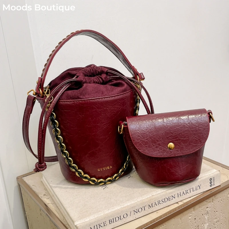 MOODS Retro Bucket Crossbody Bags For Women Oil-waxed Leather 2-IN-1 Chain Shoulder Bag 2024 Luxury Designer Purses And Handbags