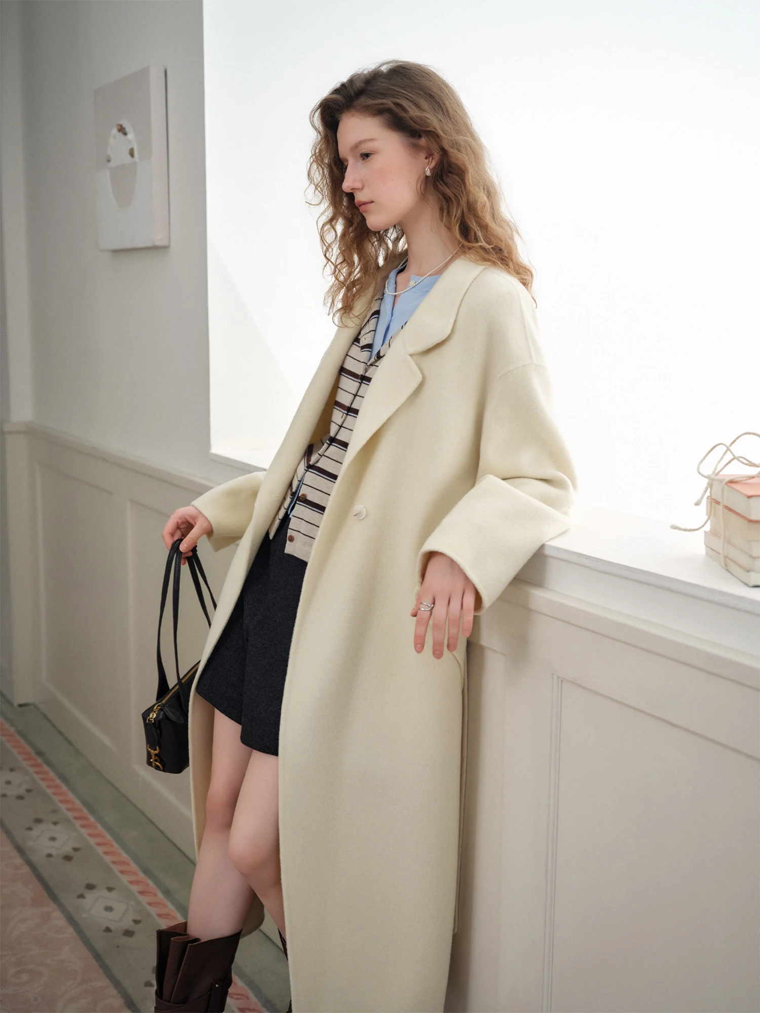 DUSHU Women 3 Colors Patch Pockets Reversible Stand Collar Double-Faced Wool Coat 2026 Winter New Full Woolen Coat Outerwear