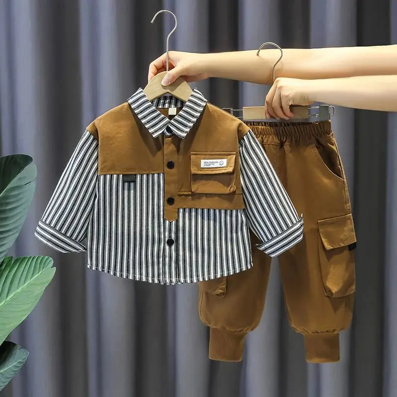 Children's Spring Set New Handsome Boys' Splicing Long Sleeve Shirt+Pants Two Piece Set 90-140cm
