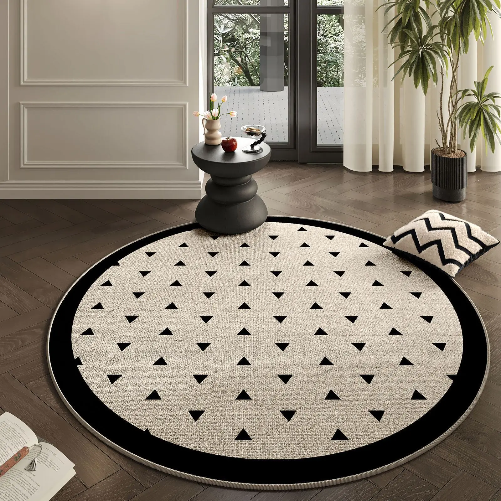Modern Minimalist Round Area Rug Soft Non-Slip Floor Mat Abstract Leaf Geometric Pattern Carpet for Bedroom Living Room Office