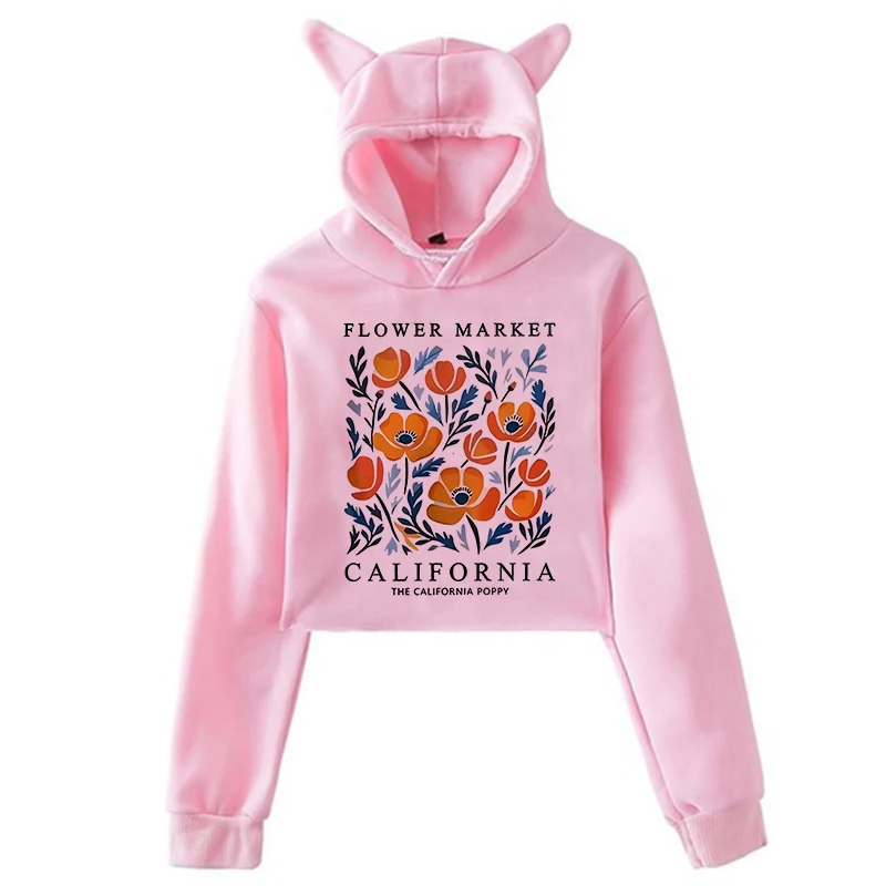 سترة نسائية ذات قلنسوة مقصوصة مطبوعة على شكل زهور صفراء من كاليفورنيا جميع المواسم آذان القط قطع علوية قصيرة ملابس نسائية هاراجوكو ملابس الشارع الشهير