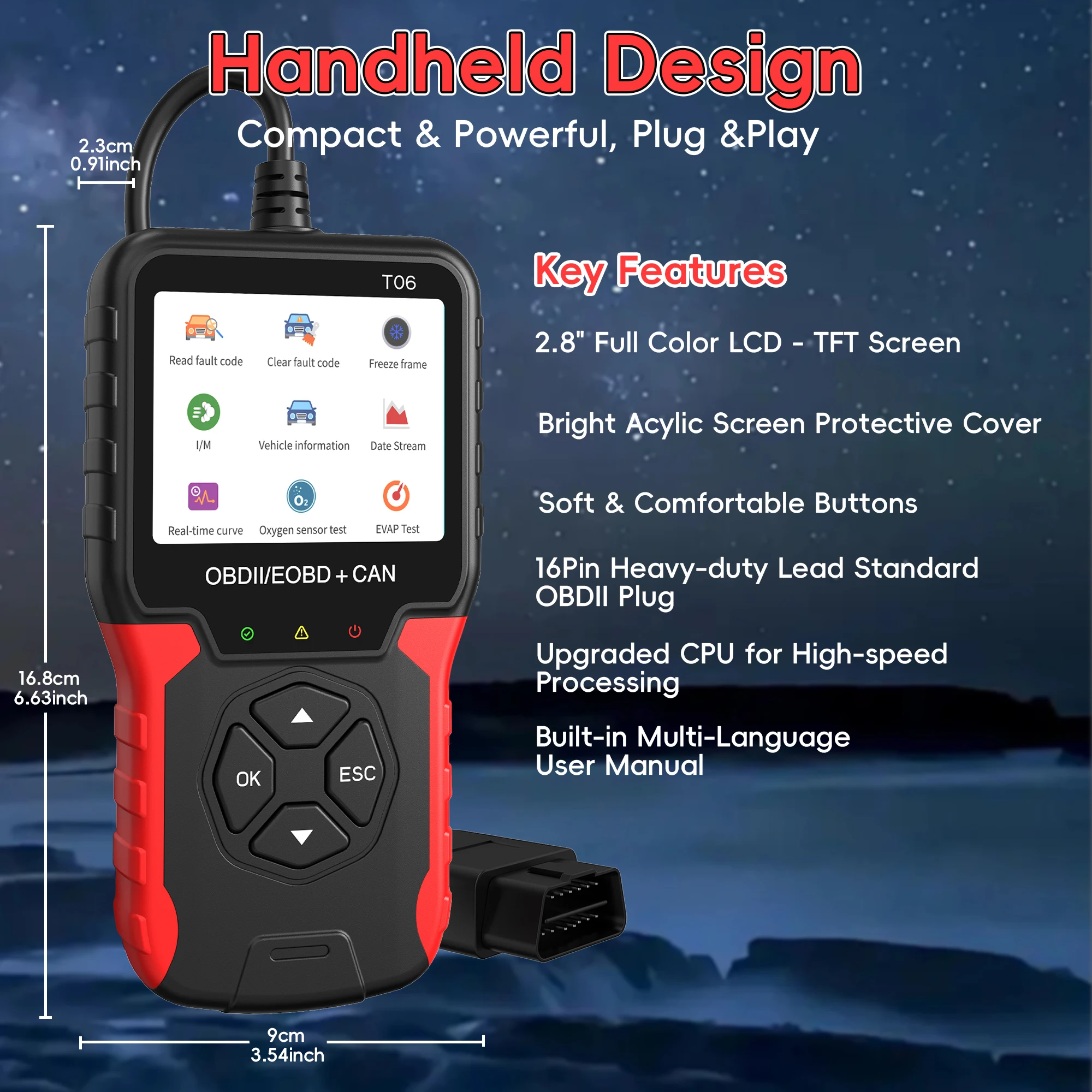 Auto Accessories OBD2 Scanner T06 Check Engine System Code Reader Multi-language Support Car Diagnostic Tool Battery Tester