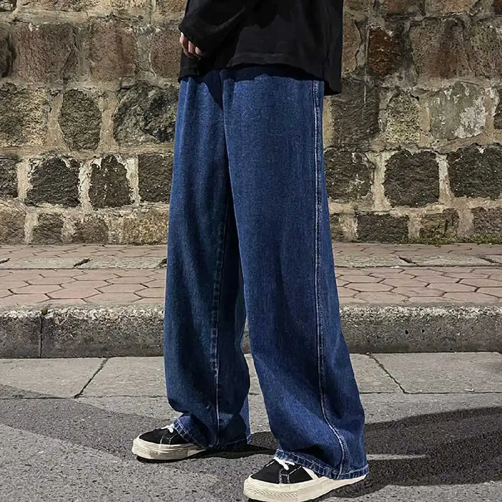 Fashion Men's Solid Color Drape Jeans Loose Straight Korean Vintage High Street Hip-hop Y2K Casual Daily Dragging Wide-leg Pants