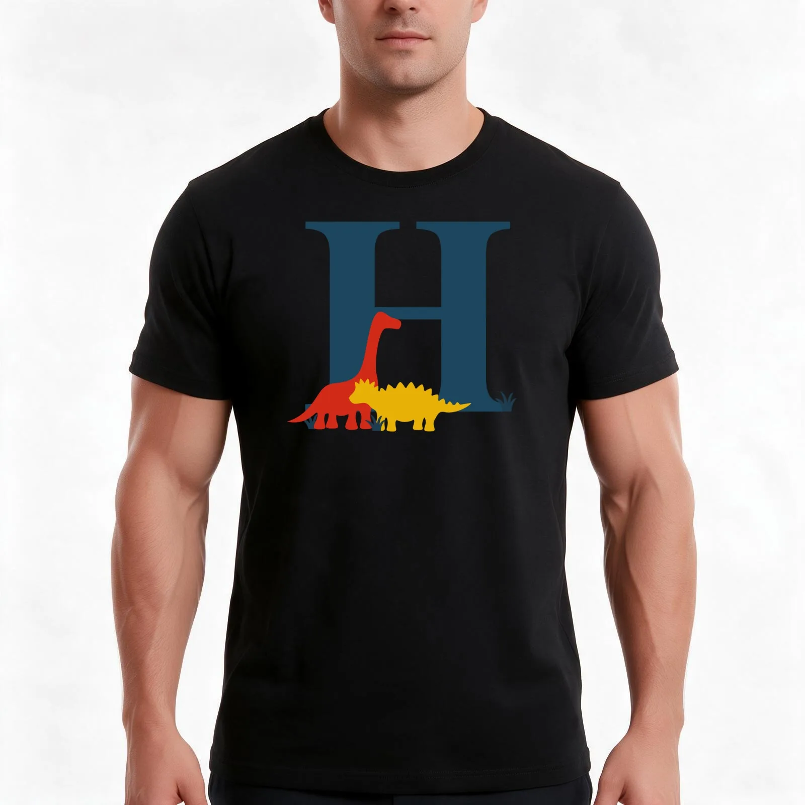 Dinosaurs - Personalised H Name, Initial, Monogram T-Shirt, Summer Casual Cotton Tee, Oversized Streetwear Tops, 100% Cotton