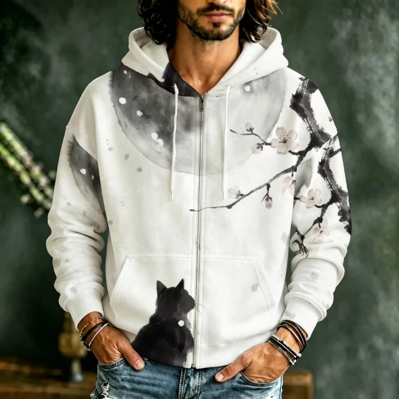 Men Zip Front Hoodie Vintage Oriental Graphic Print Long Sleeve Drawstring Hooded Sweatshirt With Pockets  Daily Street Holid