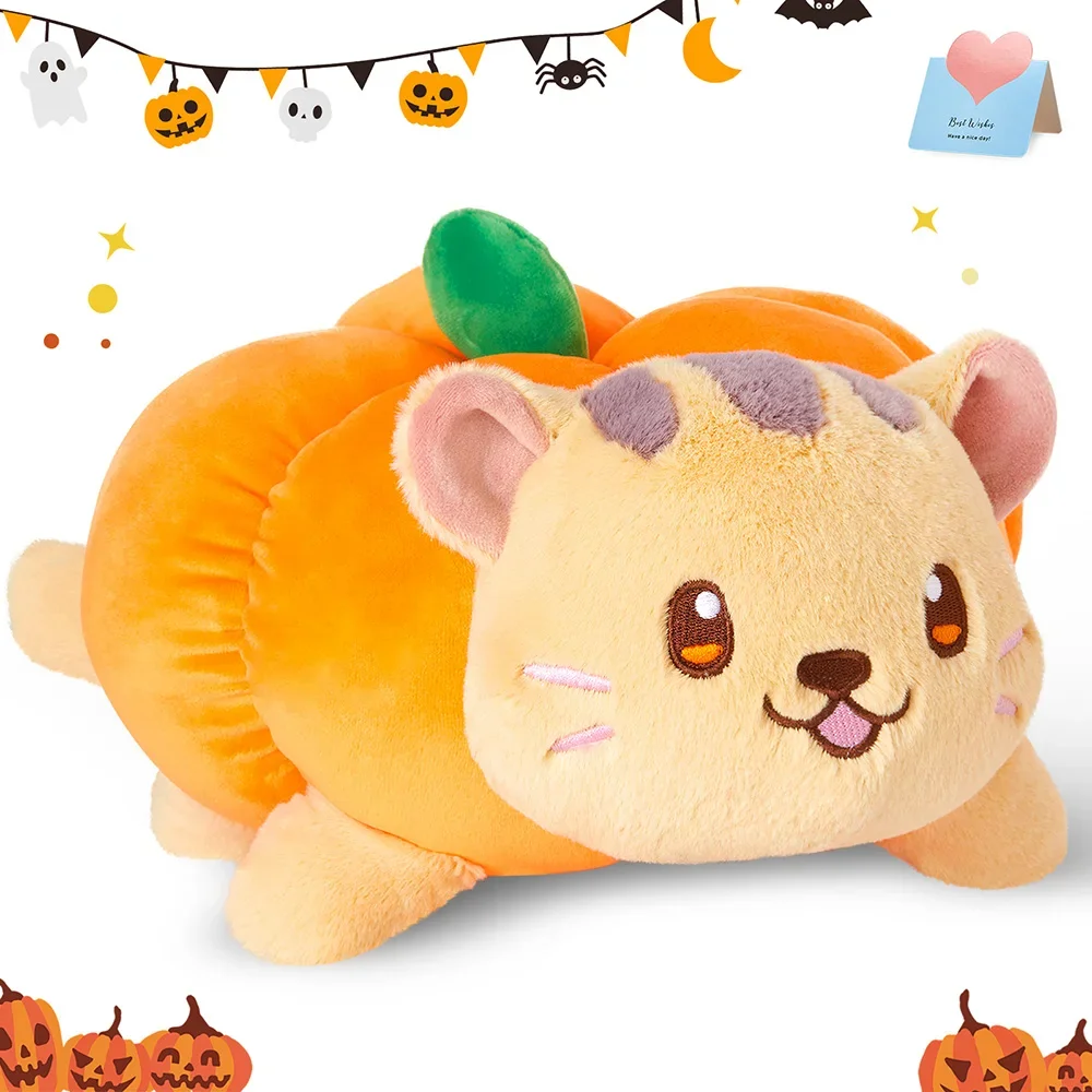 

12in/30cm Orange Pumpkin Cat Plush Toy Soft Stuffed Animal Pumpkin Plushie Doll Toys for Children Gifts Halloween Decor Pillow