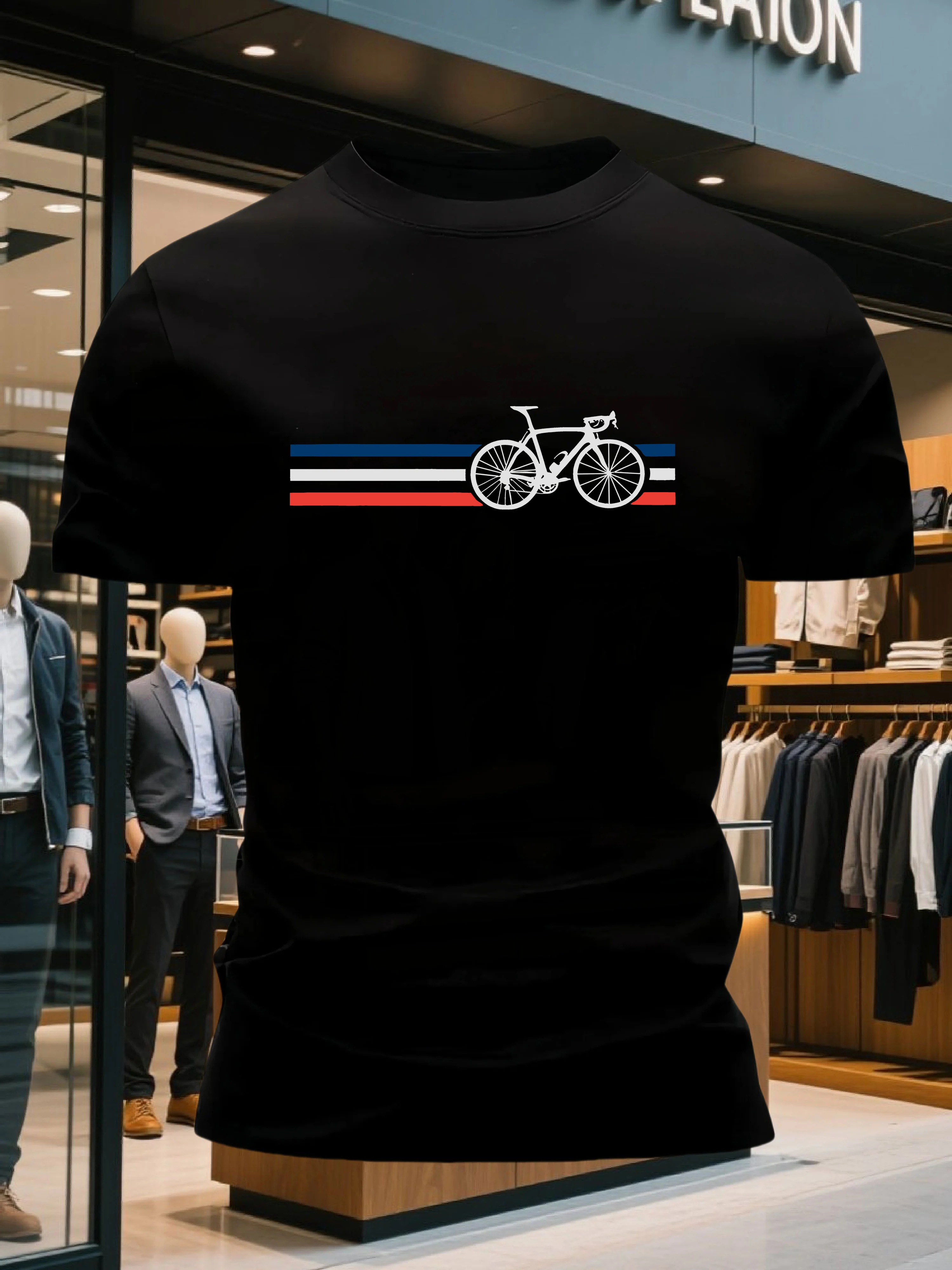 Summer Men's 100% Cotton T-shirt Soft Breathable Round-neck Short-sleeved Casual Wear with Simple Bicycle Print Fashion Loose