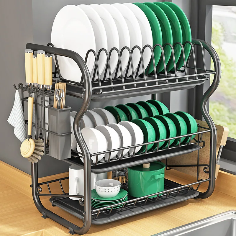 Stainless Steel Drying Rack Bowl Dish Draining Shelf Kitchen Organizer 3 Tiers Dish Drainer Dryer Tray Holder