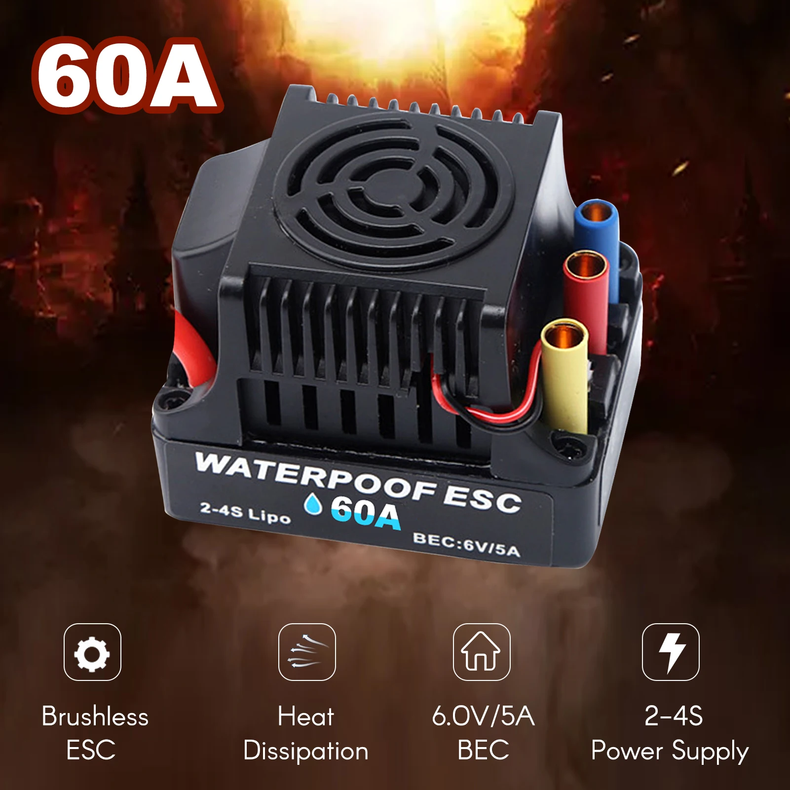 60A Brushless 2-4S ESC Electric Speed Controller 6V 5A BEC T Plug for 1/8 1/10 RC Car Electric Speed Controller