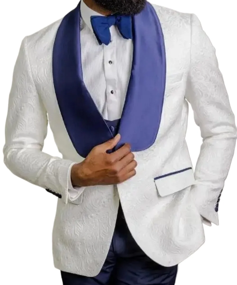 Fashion One Button Shawl Blue Lapel  Men Suit Wedding Prom Male Blazer 3 Pieces Jacket+Pants+Vest