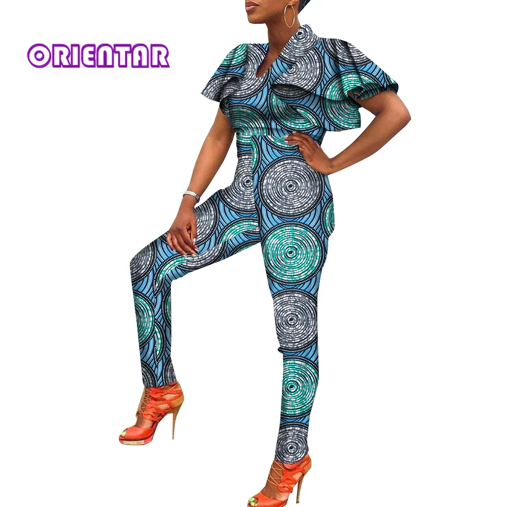 

Fashion African Jumpsuits for Women Short Sleeve V-neck African Print Romper Long Pants Women Jumpsuit Plus Size WY9832