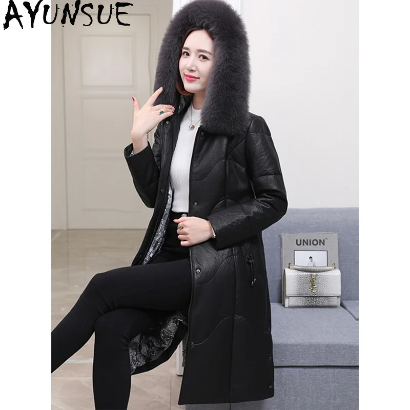 AYUNSUE Kurtka puchowa z prawdziwej skóry damska, średniej długości płaszcz z owczej skóry, zimowe ubrania damskie, kołnierz z futra lisa, Jaqueta De Couro
