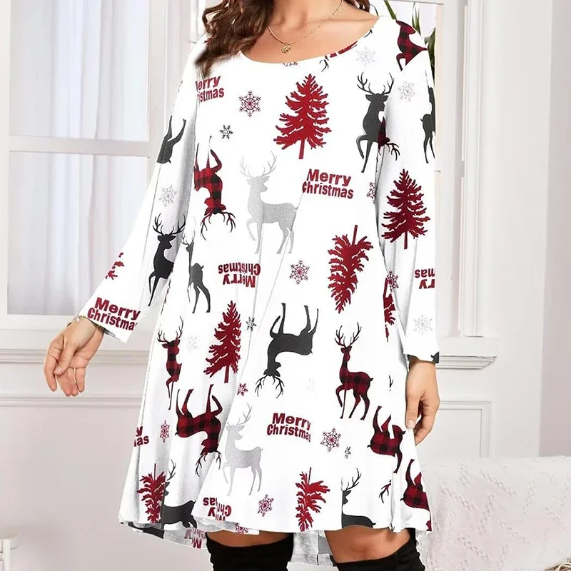 أنيقة زائد حجم فستان عطلة عيد الميلاد طباعة ثلج طويلة الأكمام الخريف الشتاء الملونة عارضة الطباعة تي شيرت فستان قصير #6