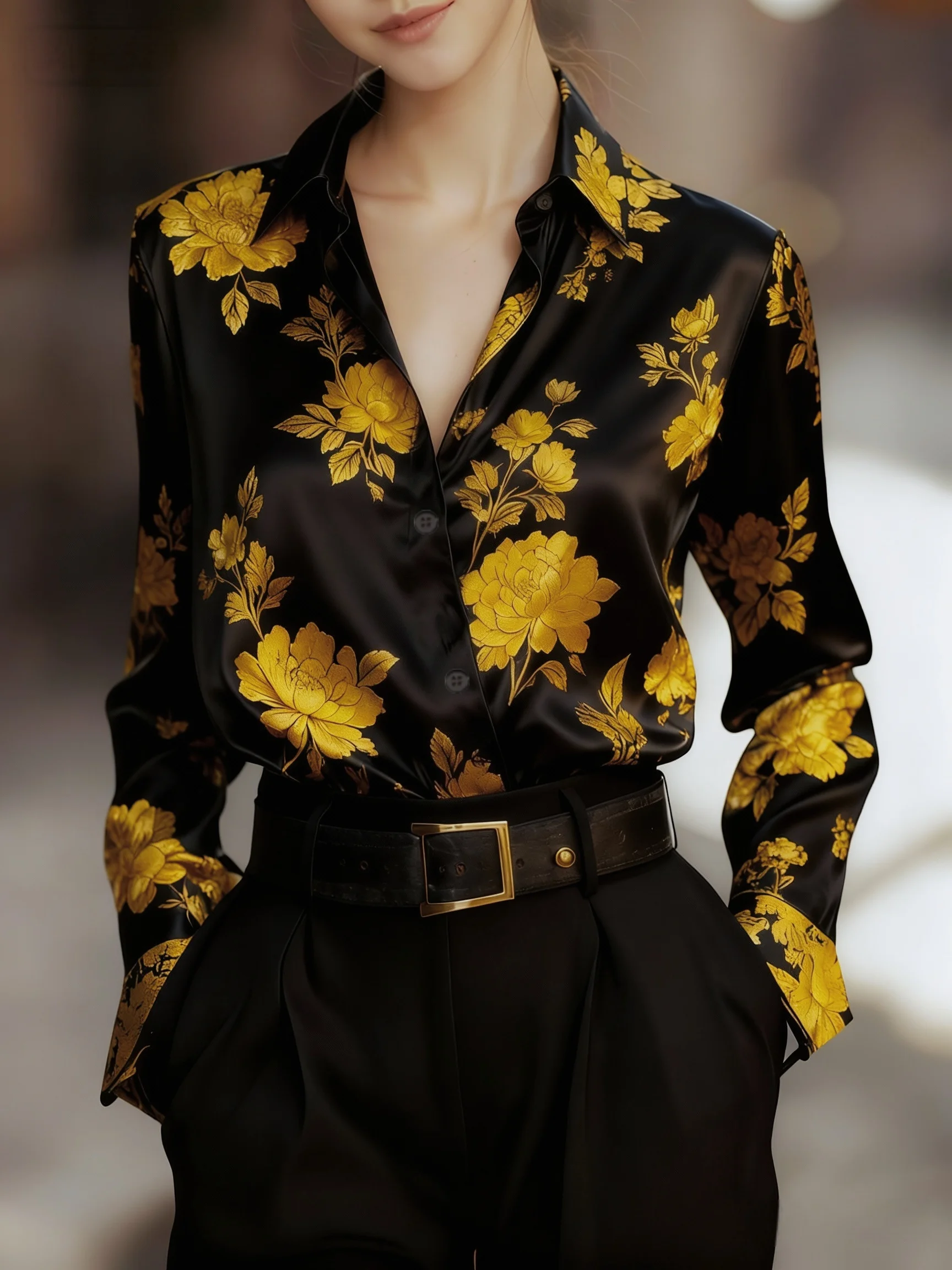 Women Vintage Floral Gradient Print Lapel Collar Long Sleeve Shirt Loose Button Down Office Elegant Blouse Tops
