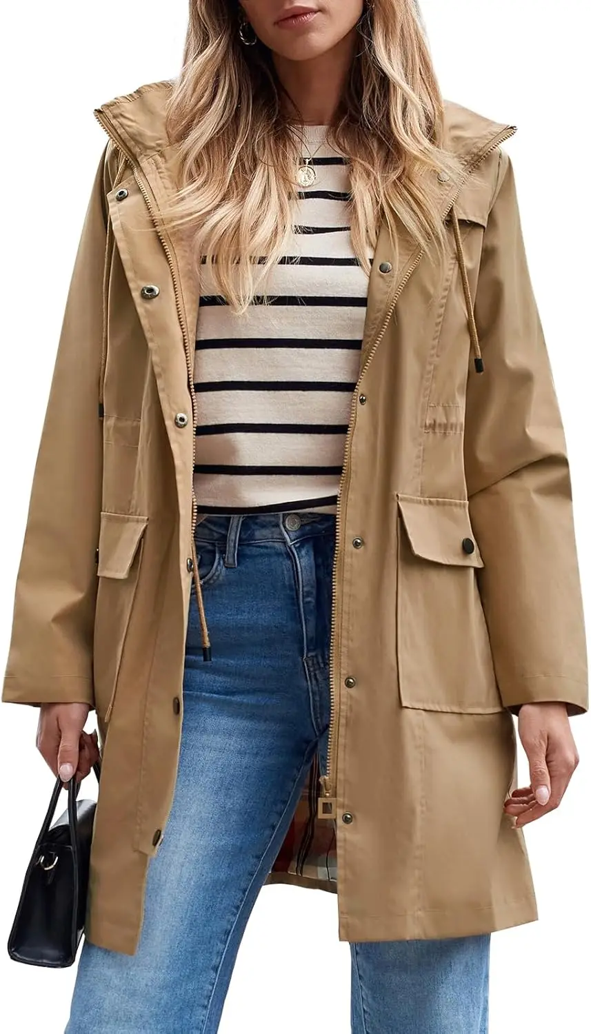 

HZXVic Women's Waterproof Rain Jacket Long Raincoat Hooded Windbreaker Trench Coat