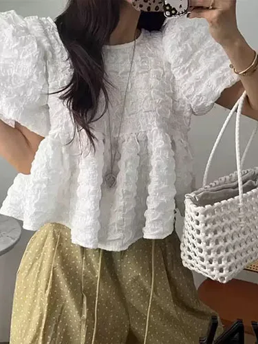 

Новый летний женский топ Irt Design Sense, плиссированный кружевной подол, пышный свободный топ, уменьшающий возраст, Ele Faionable