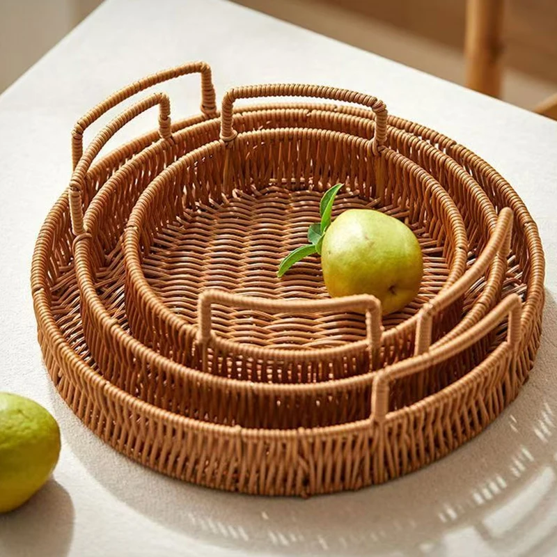 1pc Plastic Round Shape Storage Tray for Fruit Vegetable Cake Storage Basket With Handle Home Storage Basket