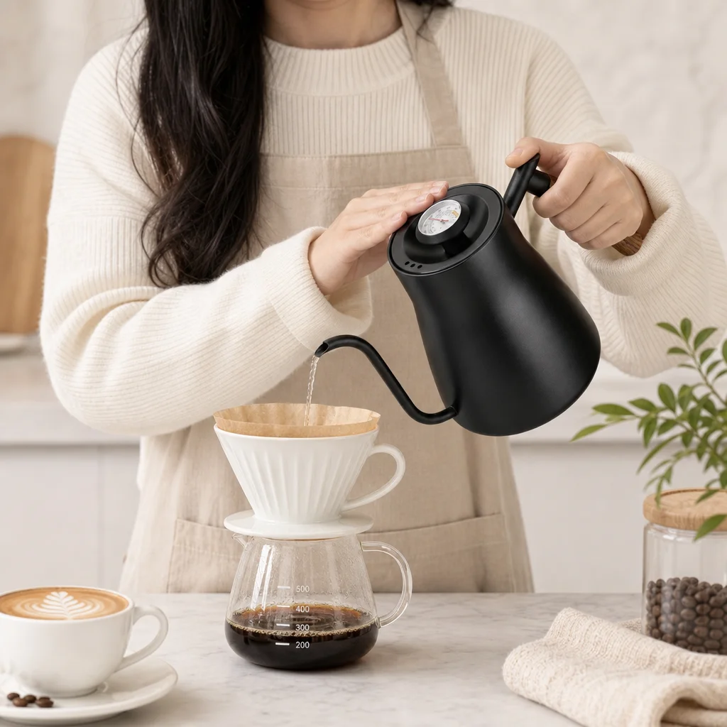 850ml Black Gooseneck Coffee Kettle with Thermometer Stainless Steel Pour Over Pot Wooden Handle
