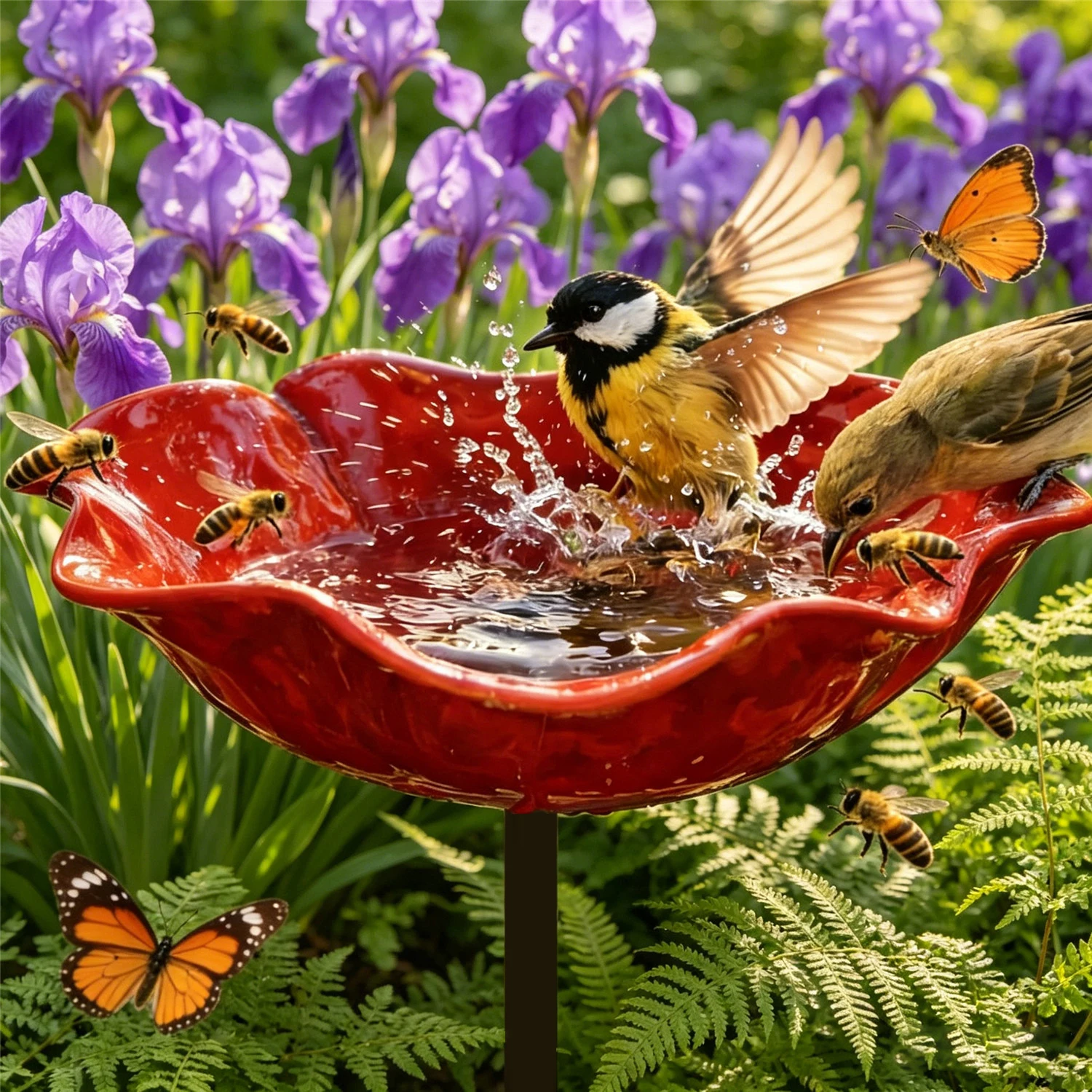 Flower Shaped Bee Watering Station Metal Flower Garden Stake Bird Bath Butterfly Water Feeder Garden Bee Bath Bowls for Outside