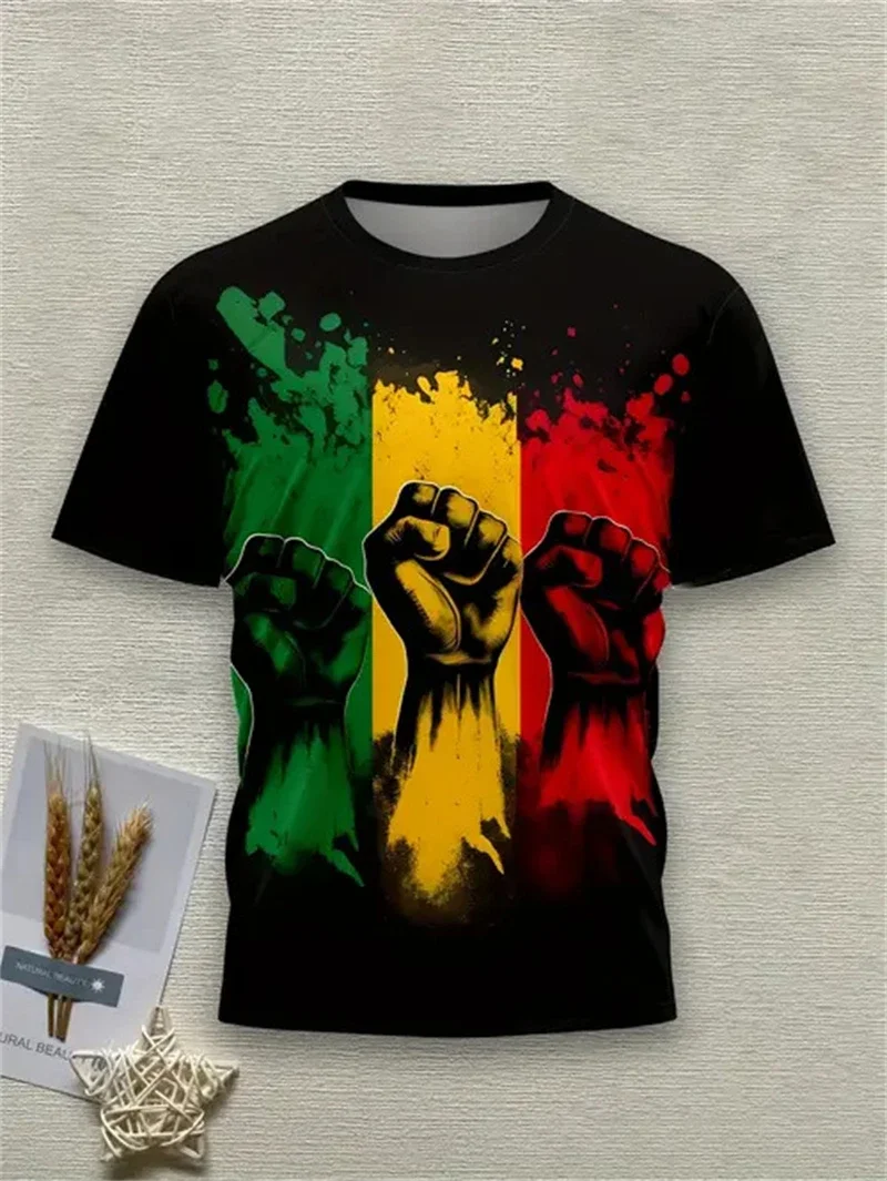 Herren-T-Shirt mit schwarzem Faust-Print, rot, gelb, grün, Rundhalsausschnitt, kurze Ärmel, lässige Streetwear, atmungsaktive Oberteile