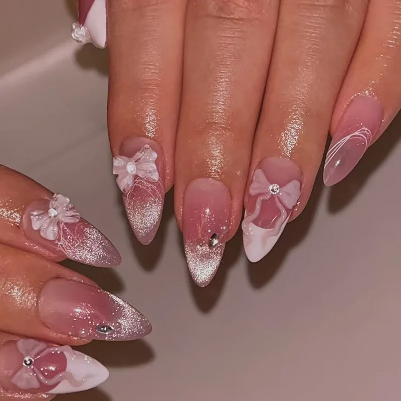 

24Pcs Mid-length French Almond Fake Nail Cat's Eye 3D Bow Design Press on Nails Tips Red Smudge Wearable Full Cover False Nails