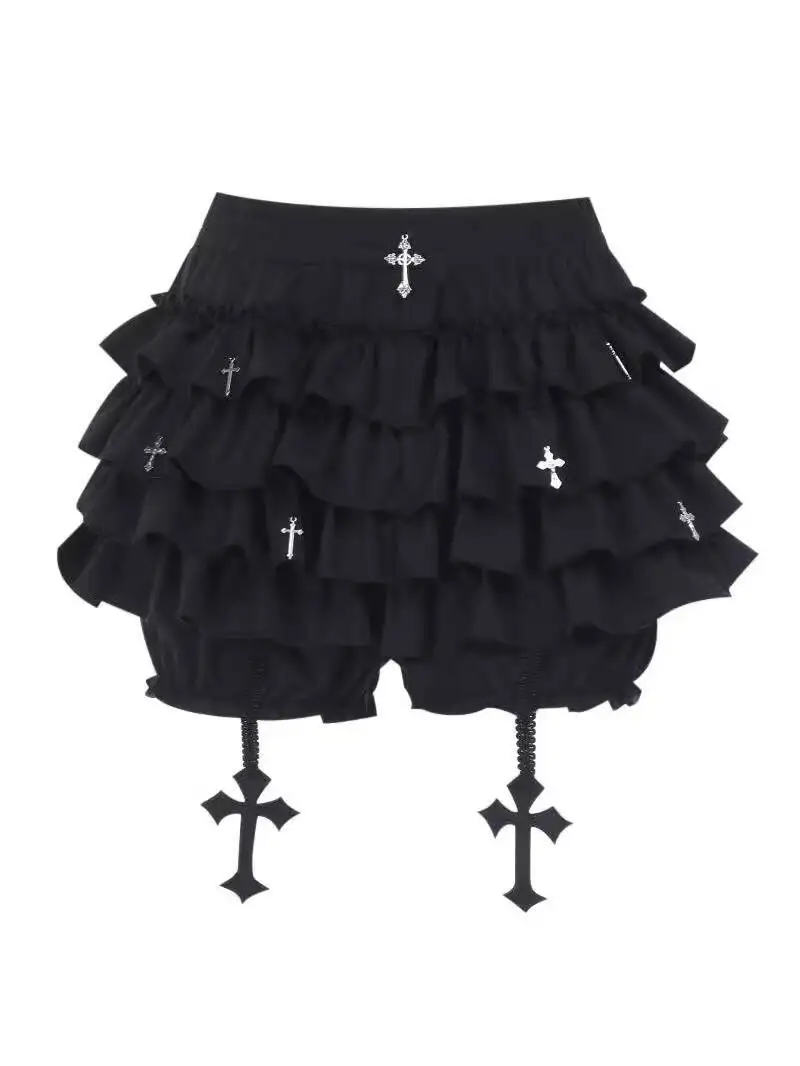 

Gothic Punk Women Mini Skirts 2025 Trendy Y2K Mini Skirt Cross Embroidered Tiered Puff Subculture Punk Skirt