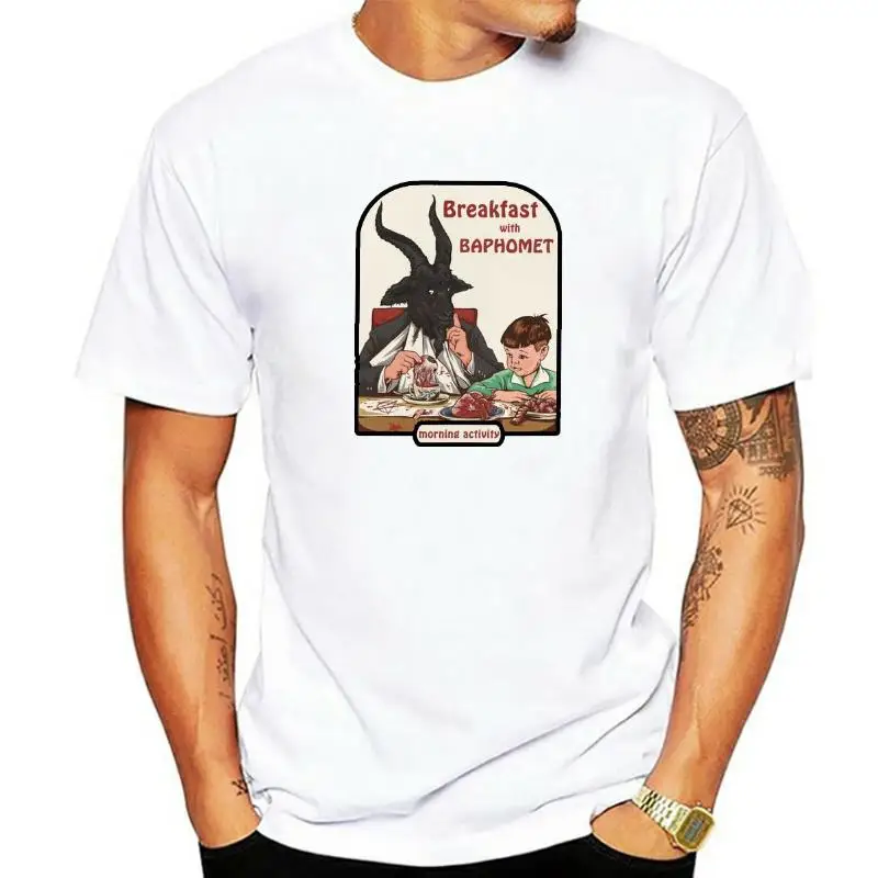 Classic Breakfast with Baphomet Men's T-Shirt Short Sleeve Slim Fit Youthful Style Henry Collar Nine Points Long Autumn Season