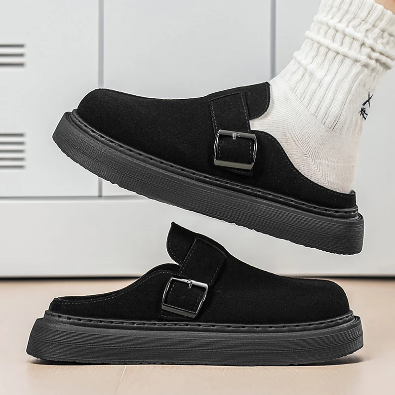 Men's Thick-Soled Half-Slip Mules, Retro Suede Closed-Toe Backless Sandals with Buckle Design, Height-Increasing Slip-On Slippers, Outdoor Casual Non-Slip Slip-On Men's Shoes