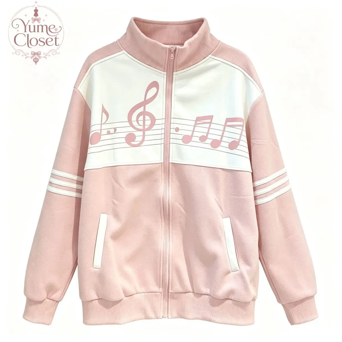 Coquette Preppy Streetwear Women Music Note Print Two Tone Stand Collar Zip Up Jacket Oversized Pockets Casual Campus Outfit