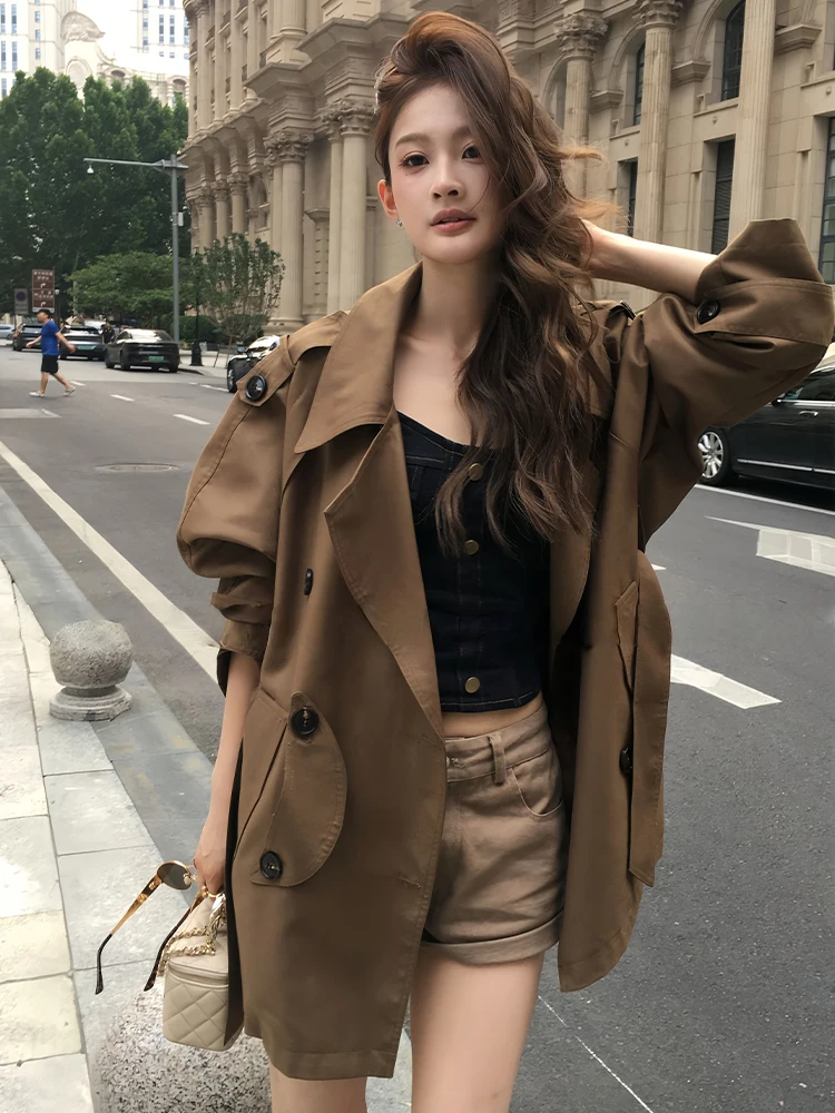 

Художественное женское пальто средней длины в стиле ретро, осень 2026, маленькое Fraance Sle, модное большое пальто с мясным покрытием, корейское свободное пальто