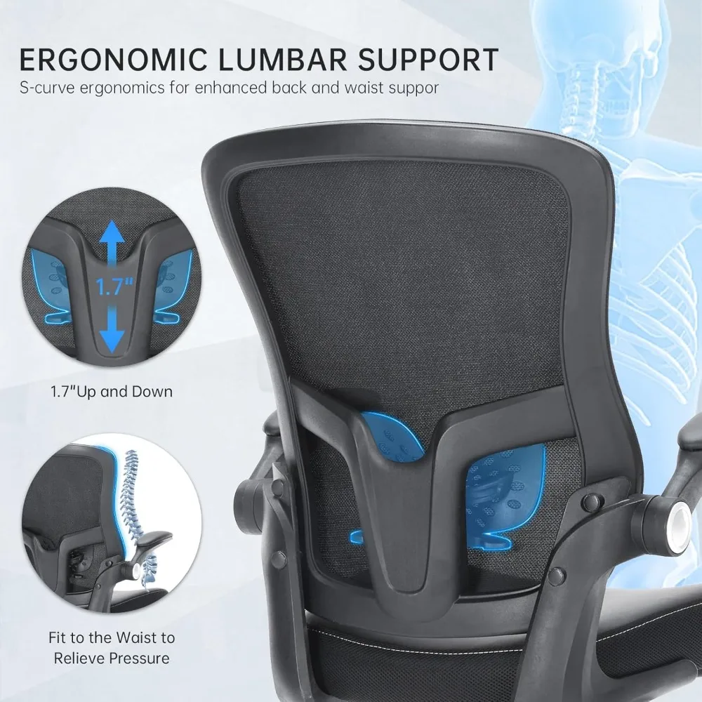 كرسي مكتب مريح، كرسي دوار للكمبيوتر المكتبي شبكي قابل للتنفس في منتصف الظهر مع دعم قطني قابل للتعديل، أذرع قابلة للطي، جلد PU #4