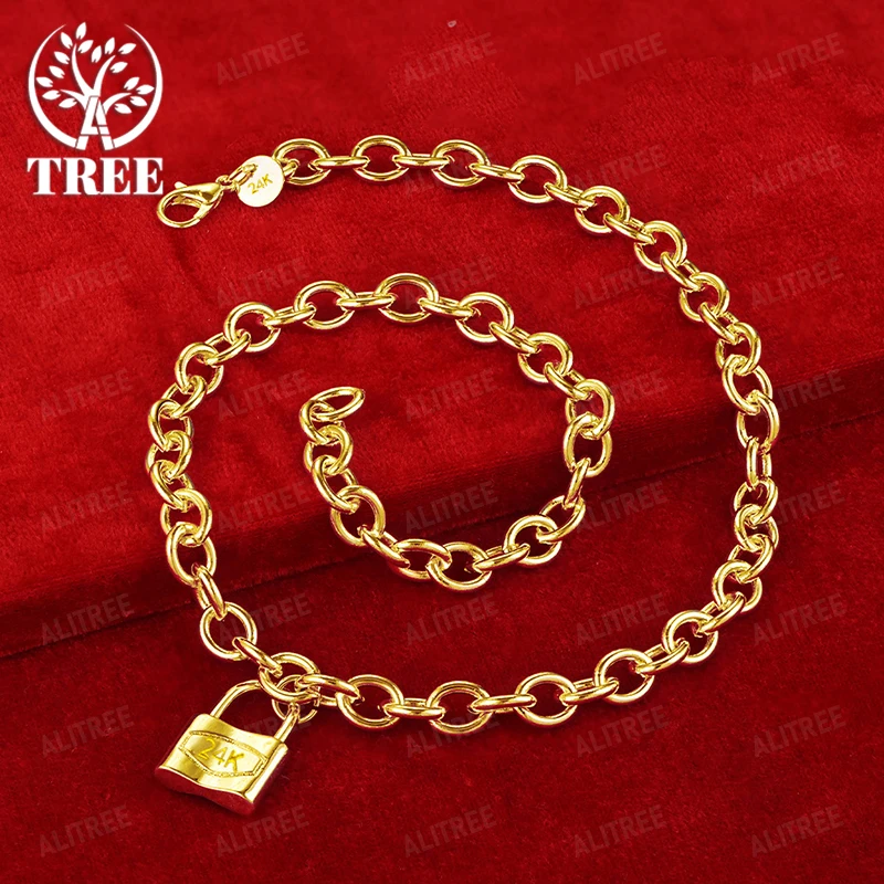 

18 Inch Chain 18k Gold Lock Pendant Necklace For Women Fashion Party Birthday Jewelry Trendy Stylish Cool Gift Accessories