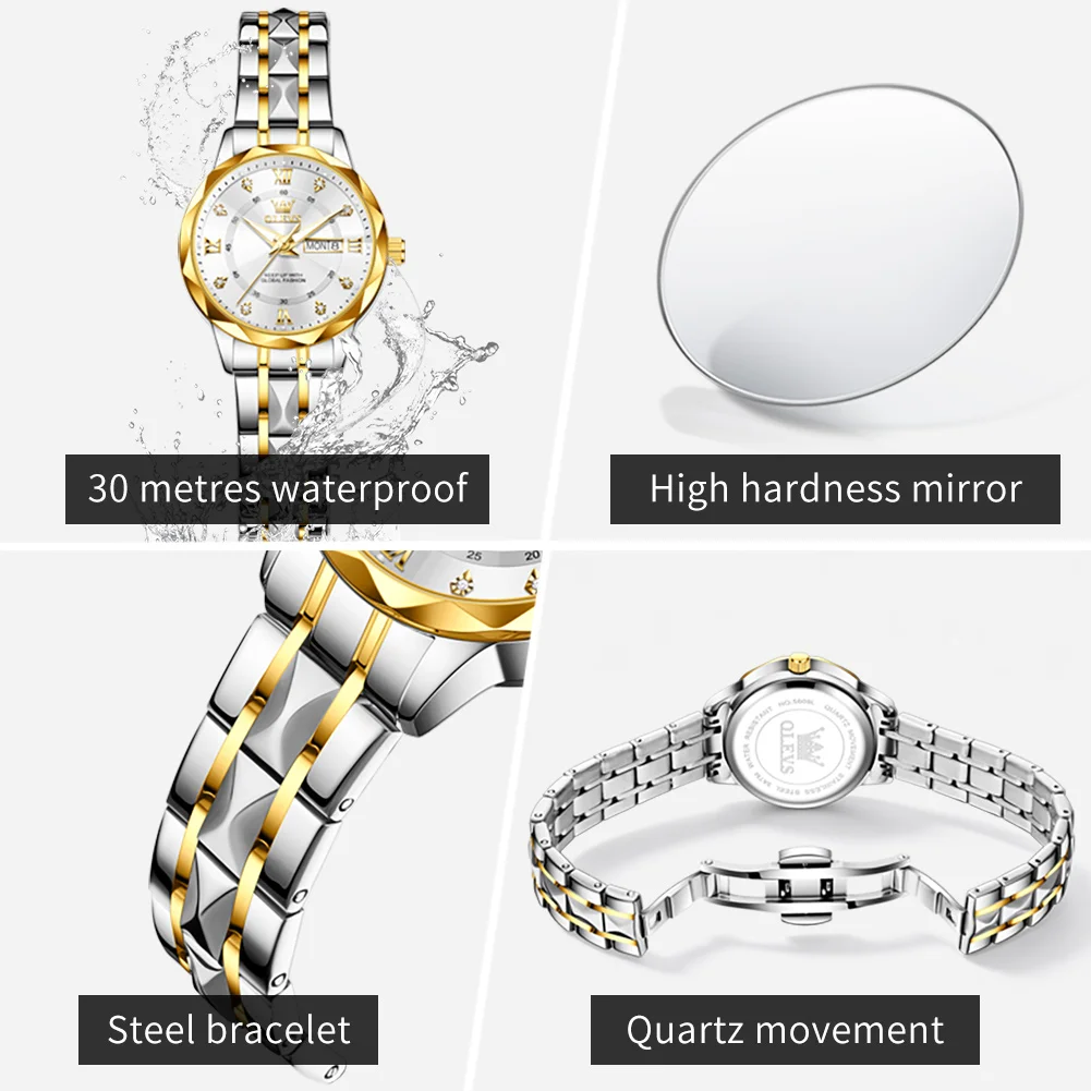 OLEVS Brand Original Fashion Rhombus Mirror Quartz Watches Women's Stainless Steel Date Week Waterproof Elegant Ladies Watches