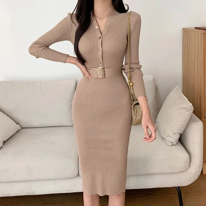 

Elegant Women Hip-covering Knitted Long-sleeved Dress Autumn Winter Fashion Button Half Open Collar Slim Bottoming Female Dress