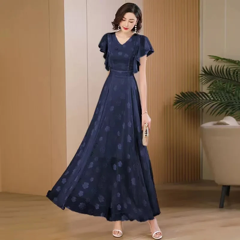 

Новое летнее платье 2026 года: модное, элегантное, с V-образным вырезом, жаккардовым узором, шифоновое, с широким подолом, рукавами-лепестками, пляжное, длинное.