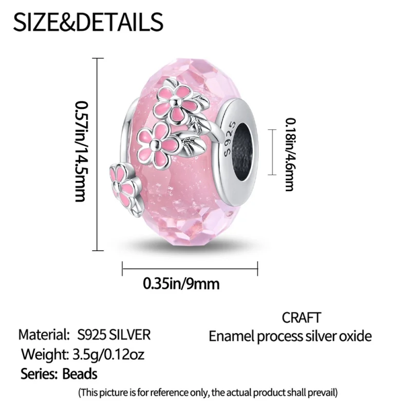 Original 925 Sterling Silber Blumen-Glasperlen Rosa Charm-Perlen Geeignet für DIY-Armbänder, Halsketten, Geburtstagsgeschenke – Detail 5