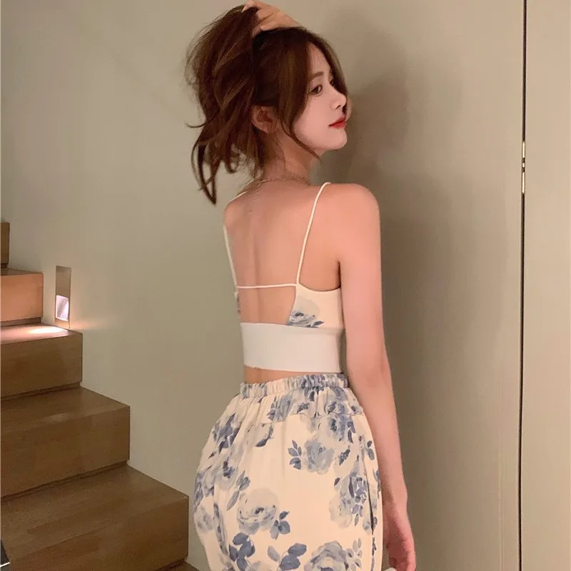 Summer New Leisure Sports Set Korean Women's Open Back Short Strap Camisole High Waist Wide Leg Pants Floral Print Two Piece Set