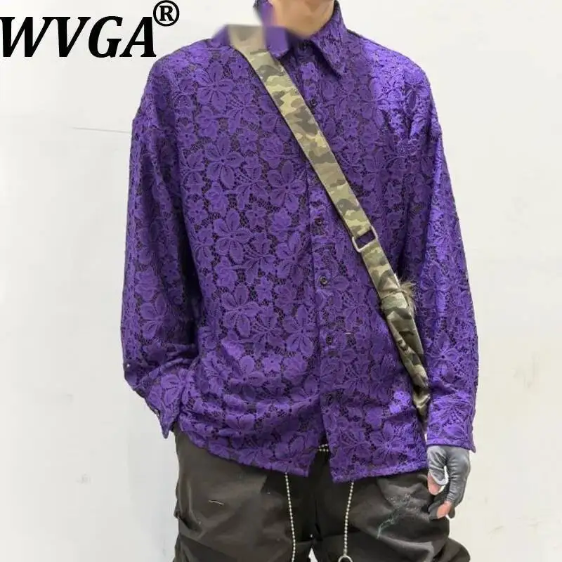 

WVGA Spring Autumn New Men Lace Design Trendy Long Sleeve Shirt Vintage Style Niche Chic Casual Turn-Down Collar Tops Ins W24047