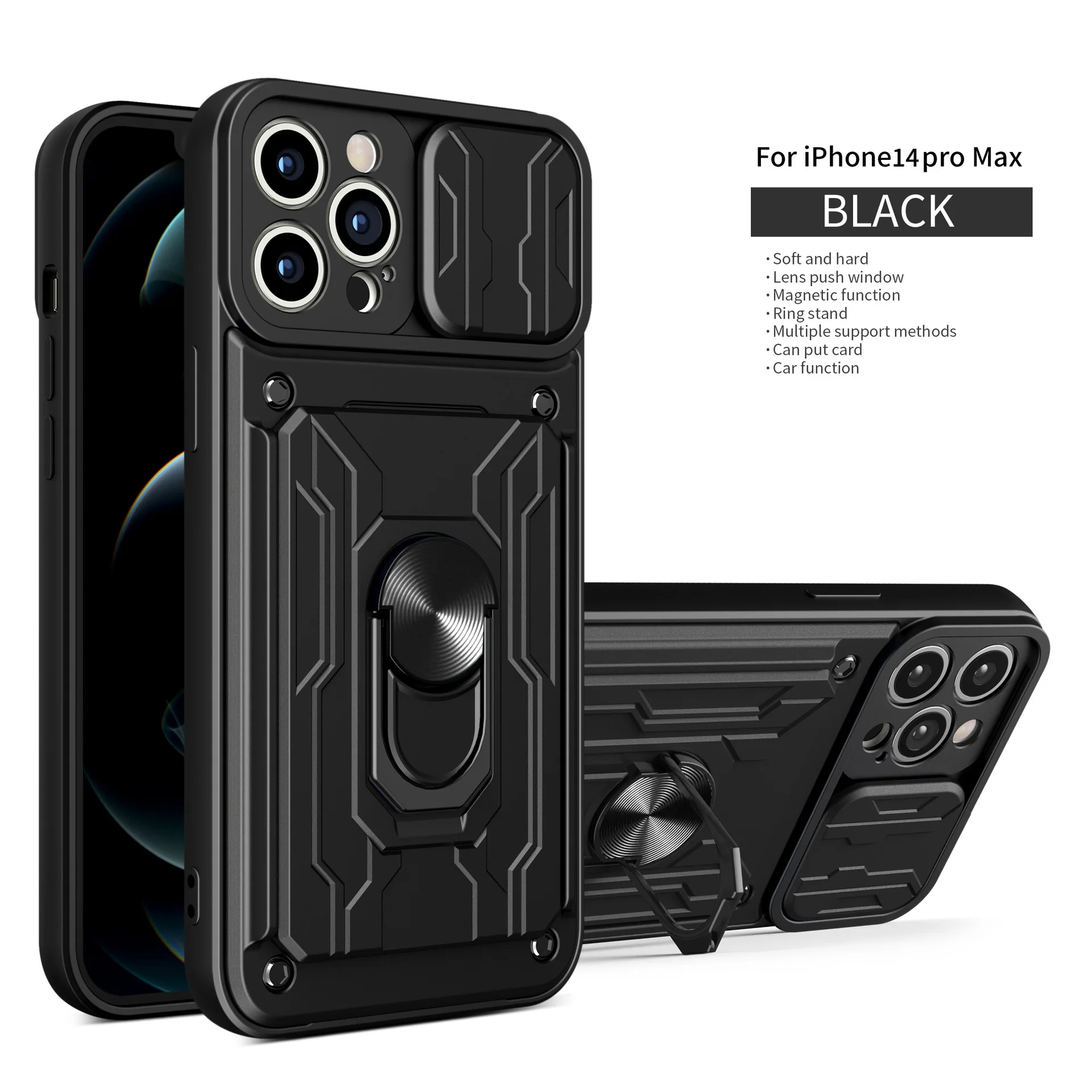 Apple 14pro Magnetic Phone Case For 13promax Armor Card 12/11 Window Pushing Lens Full Pack Bracelet Protection Case