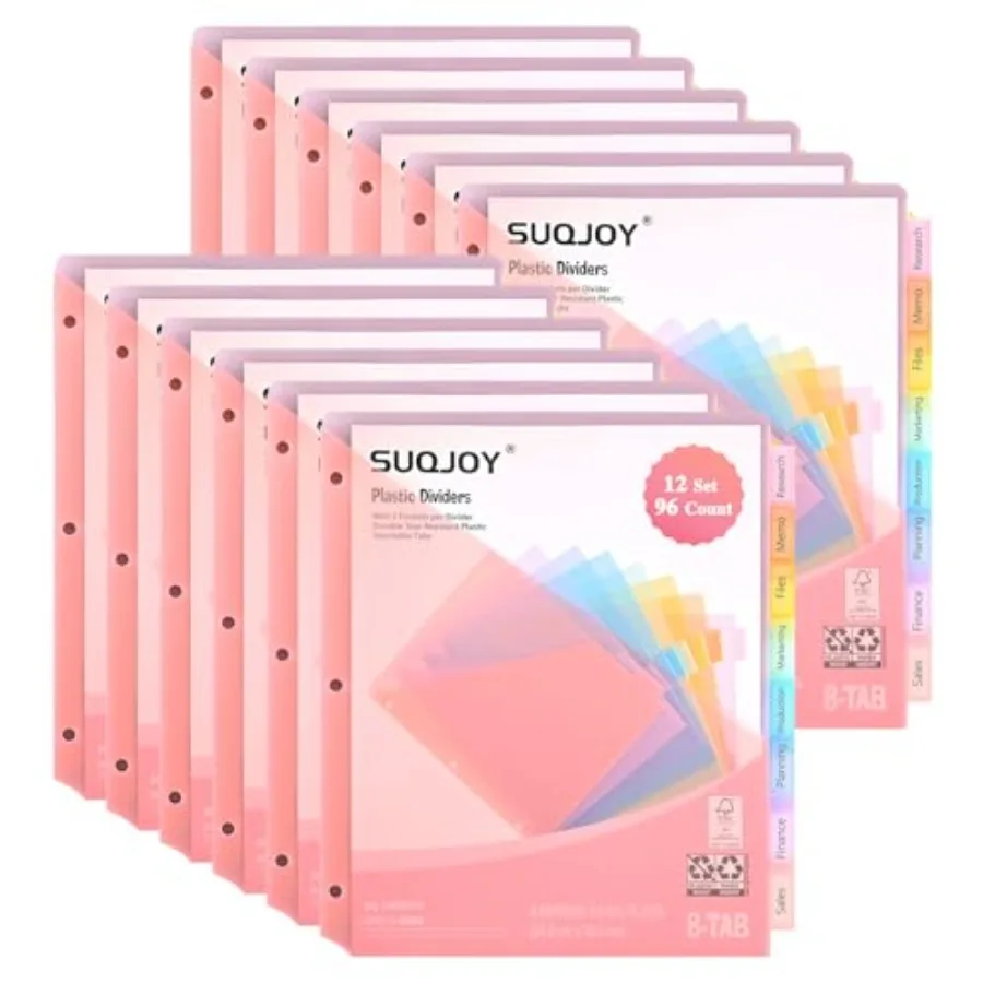 

8-Tab Dividers for 3 Ring Binder 96 Count Binder Dividers with Pockets Subject Dividers 3-Hole Plastics Sheets Protectors for U