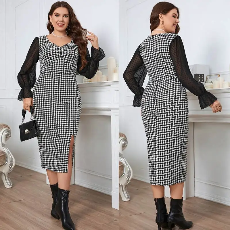 

Autumn plus Size Curvy Women's Par Dres Slim Pencil Gown V-ne High Waist Long Sve Long Dr Zipper Closure