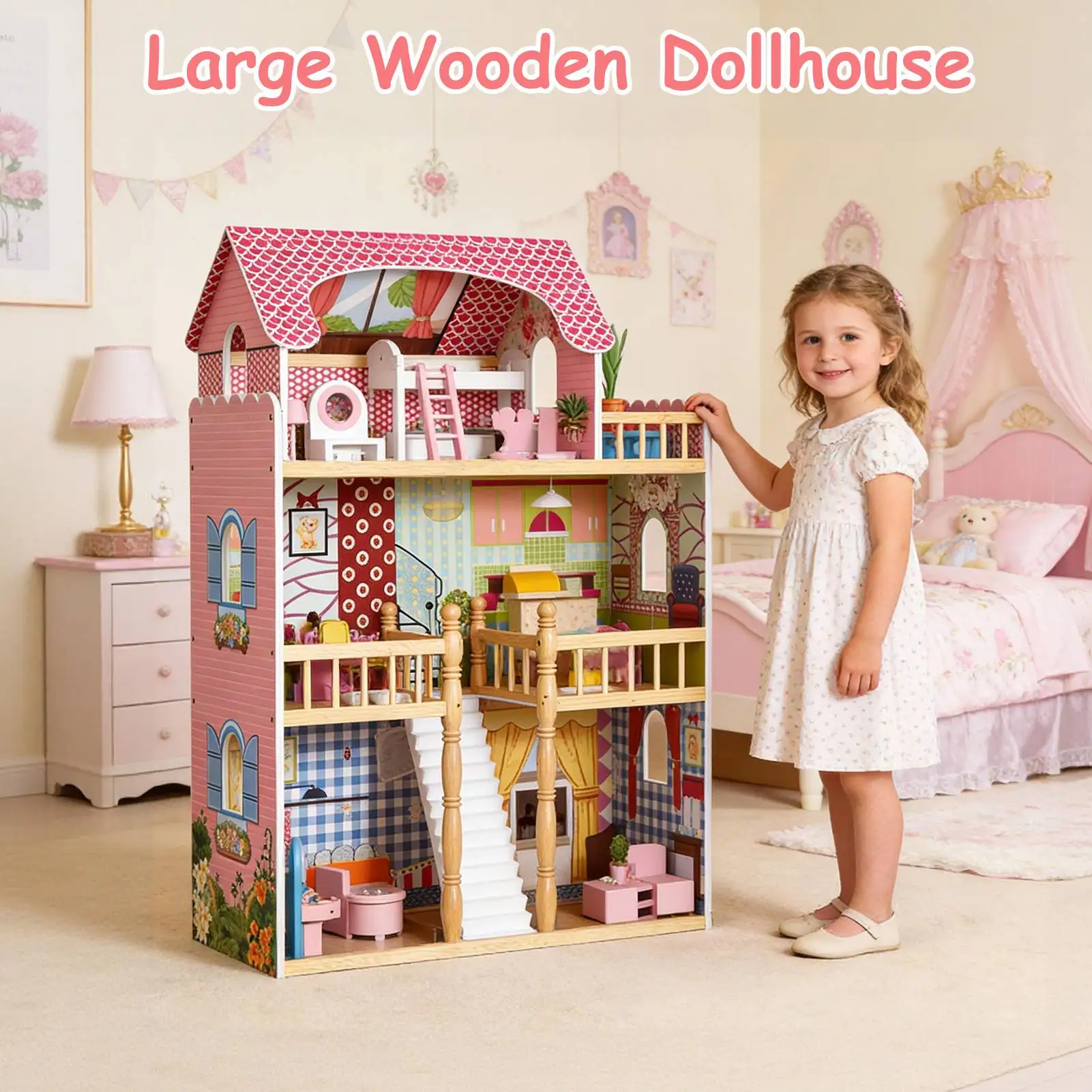 

US Doll Cottage 3 Story Wooden Dollhouse with 14 Accessories Balcony Stairs for Boys Girls 3 Years Old Dollhouse for Kids