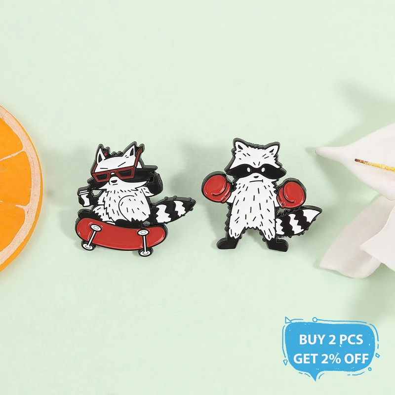 Cute Raccoon Boxing Enamel Pin Cool Raccoon Skateboarding Cartoon Animal Brooches Lapel Bagde Fashion Jewelry Gifts for Friends