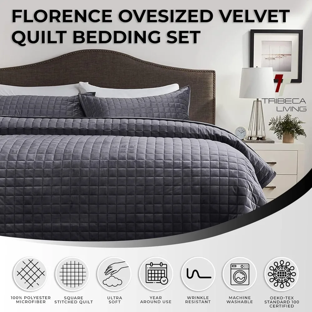 

Luxury Velvet Quilt Set King Bedding Set, 260 GSM Soft Velvet Oversized Comforter Set, Florence Box Stitch Premium Bedspread