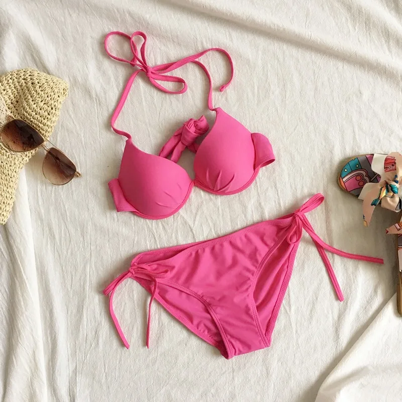 

Women New Bikini Set Hot Pink Triangle Push Up Sexy Swimsuit Beach Vacation Swimsuit