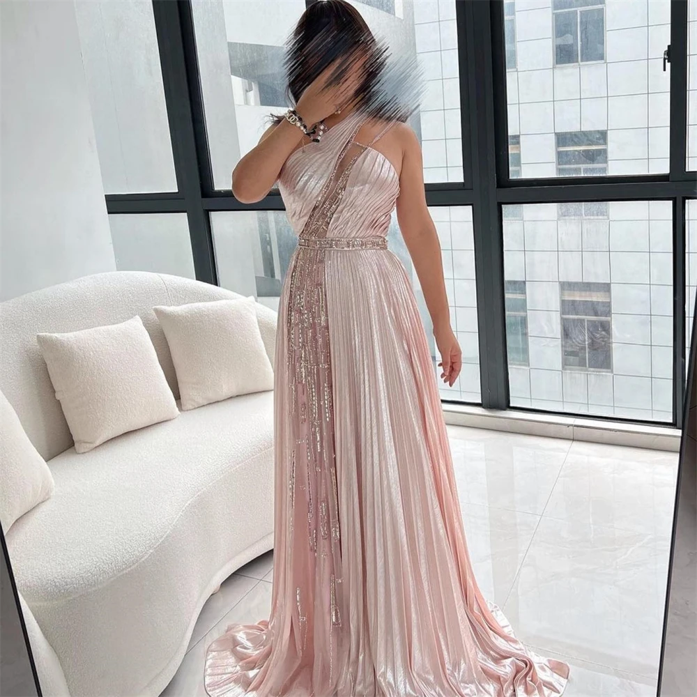  Evening Saudi Arabia Satin Rhinestone Draped Evening A-line Halter Bespoke Occasion Gown Long Dresses