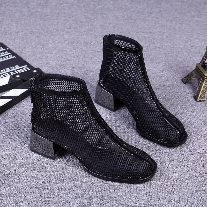 2024 New Summer  Ankle Mesh Breathable Shoes Women Cool Hollow Mid-heel Sandals Short Boots  Fashion Sexy Ladies Sandals