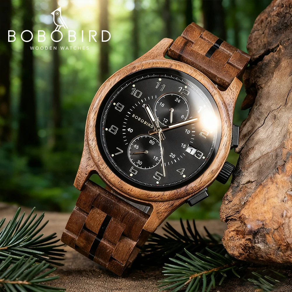 BOBO BIRD ساعة خشب رجال الأعمال ساعات كوارتز محفورة خشبية كرونوغراف ساعة اليد مع عرض التاريخ مخصص reloj madera